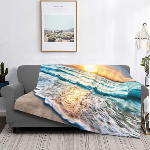 Couverture de lit microfibre imprimé plage soleil couchant tailles assorties