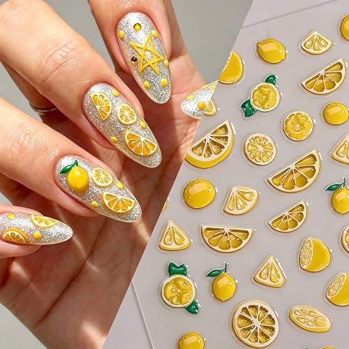2Pcs Lemon Nail Stickers 5D Embossed Summer Fruit Slice Nail Decals DIY Glossy Yellow Lemon Nail Art Stickers Cute Cartoon Fun Adhesive Sliders Acrylic Nails Supply for Women Home Manicure