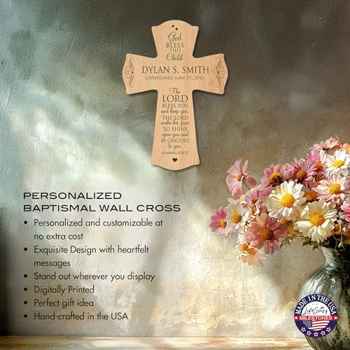 Image of LifeSong Milestones Personalized Baptism 1st Holy Communion Christening Wall Cross Decoration God Bless This Child the Lord Bless You and Keeps You (8.5 inch x 11 inch, Maple)