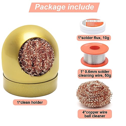 Image of Soldering Iron Tip Cleaner Kit, Windspeed Non-slip Brass Soldering Tip Cleaner Solder Flux Brass Tip Cleaning Brass With Holder, Solder Flux, Solder Wire 4pcs Copper Wire Ball, No Water Needed