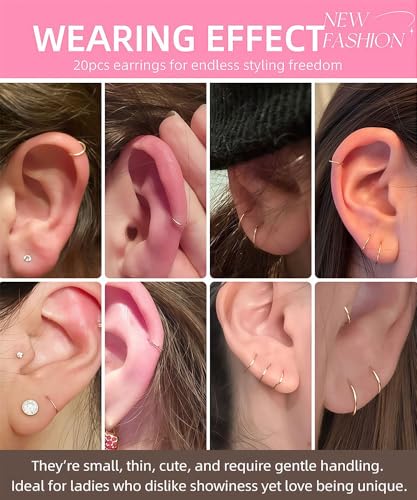 20PCS 14K Gold Plated Hoop Earrings Set for Women - Featherweight Ultra-Thin 20G | Nickel-Free Surgical Steel, Non-Tarnish | Minimalist Stackable Earrings for Sensitive Ears (No Clasp)3