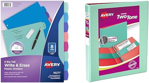 Avery Separadores de plástico duradero con 8 pestañas grandes para escribir y borrar para carpetas de 3 anillas, colores pastel (16271) y (R)