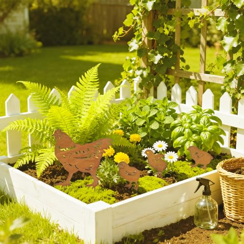 Ulawellor Hühner Gartenstecker 4er Gartendeko Roststecker Ostern Rost Deko Wetterfest Metall Huhn Deko Bauernhof Frühling Gartenschmuck für Garten Terrasse Balkon Blumentopf