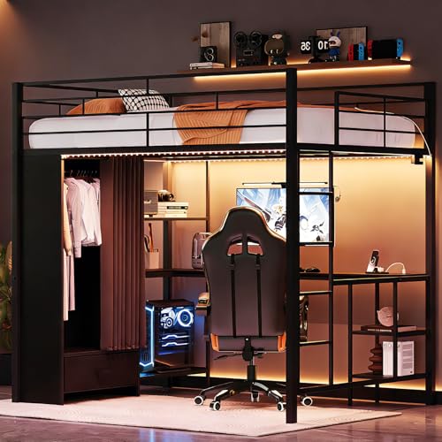 Image of VINGLI Queen Loft Bed, Wardrobe with Curtain,15'' Extra Tall Safety Guardrail and Flat Rungs, LED High Sleeper with 2 Charging Stations, Computer Desk and Storage Drawer, Heavy Duty Metal Slat, Black