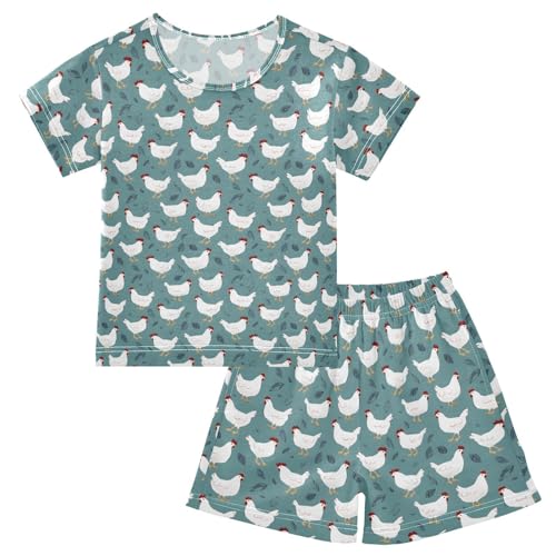 ALAZA White Chickens Leaves Pajama Set Short Sleeve Sleepwear Soft Lounge Nightwear