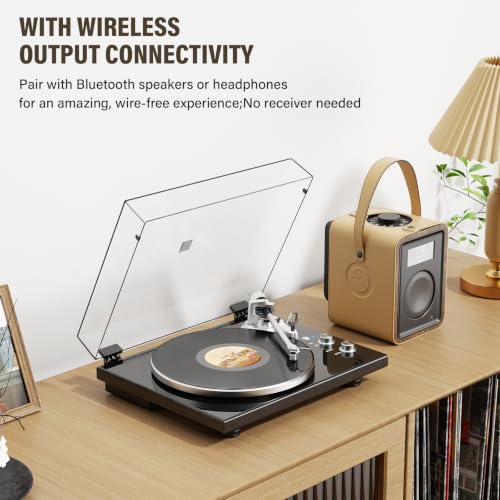 Image of Belt Drive Turntable for Vinyl Record Player and Bluetooth Output Control | No Built-in Speakers,Magnetic Cartridge,Built-in Phono Preamp,USB Digital Output,33 /45 RPM,High-Gloss Wood Design