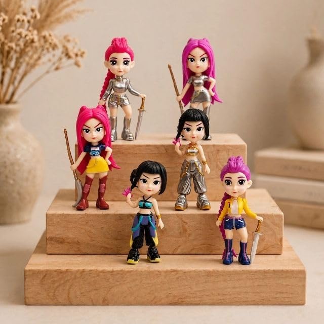 Image of Awestuffs K-POP Demon Action Figures Set of 6 | K-Pop Style Dolls with Unique Outfits & Hair, Desk Decor Figurines, Collectible Toy Set