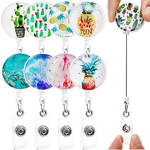 Peohud Lot de 9 porte-badges rétractables faits à la main avec pince crocodile, 61 cm porte-cartes pour employés de bureau, médecin, infirmière (marbre, cactus, ananas) Cover