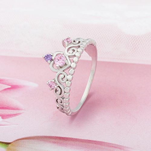 925 Sterling Silver Princess Heart Crown Pink & Purple CZ Band Ring, Size 6 7 84