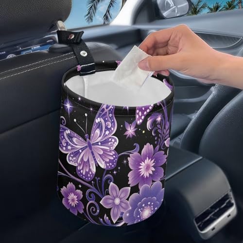 Image of Pensura Car Trash Bag Hanging Car Garbage Bag Mini Auto Interior Accessories Multipurpose Purple Floral Butterfly Mini Trash Can for Cars Auto Accessories for Cars, Home, Outdoor