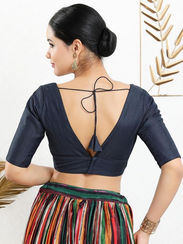 Image of Dupion Silk Solid Non Padded Saree Blouse Top V-Neck Short Sleeves Hook and Eye Closure and Tie-Up Back Choli