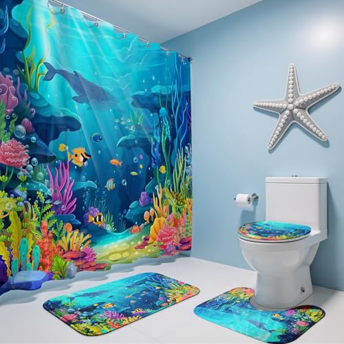4pcs Ocean Shower Curtain Set, Tropical Underwater World Kids Shower...