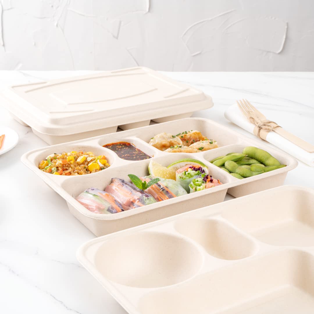 Restaurantware Pulp Tek - Recipientes de 1,219.0 g para llevar, 100 recipientes sostenibles, tapas se venden por separado, 5 compartimentos, platos de bagazo hechos de fibras de caña de azúcar, aptos