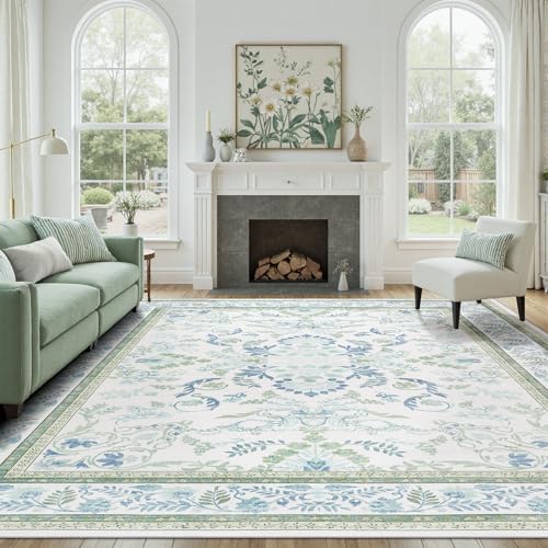 DCX Green Floral 8x10 Area Rugs for Living Room, Machine Washable Large Soft Boho Non-Slip Botanical Rug for Bedroom Dinning Room Kitchen Flowers Playroom Nursery Carpets