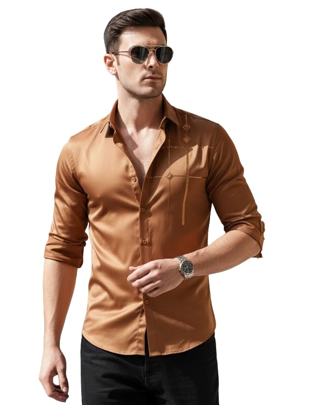 Image of IndoPrimo Men's Premium Satin Shirt for Party, Formal and Casual Wear - Stylish Designer Full Sleeve Shirt for Men