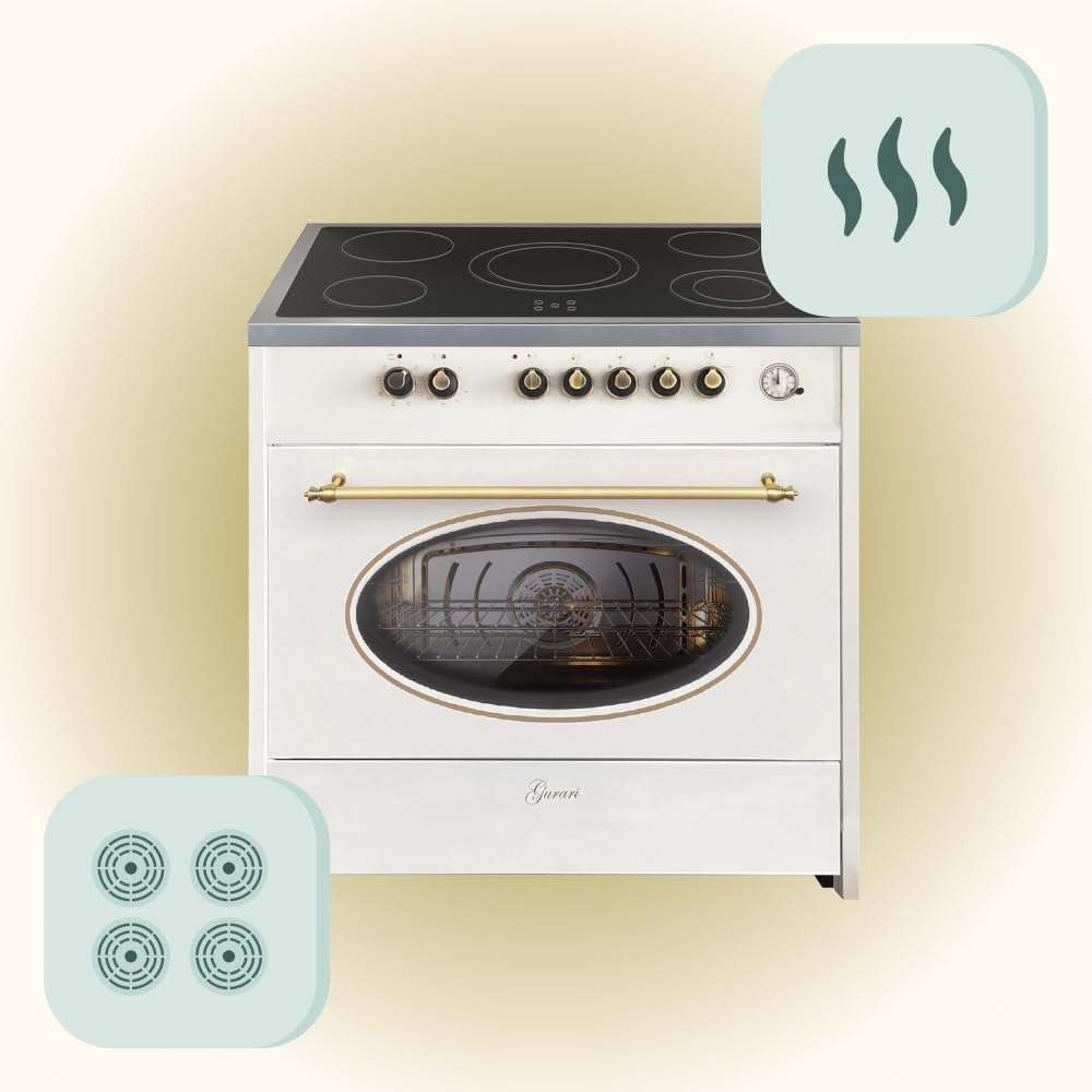 GURARI Kuchenka elektryczna GCH E 912 CR r, Retro stojąca 90 cm, kuchenka ceramiczna, Range Coocker, 121 l, kremowa, 8 funkcji, gorące powietrze, grill, 5-strefowa