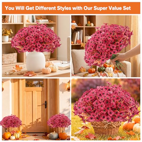 Image of Powbrace 22 Pack Artificial Fall Flowers Mums for Outdoor Indoor(Dark Red)