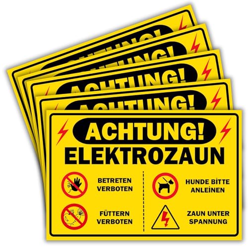 5 Stück-Vorsicht Elektrozaun Schild (20 x 14cm -3 mm Kunststoff) - Achtung Strom und Füttern verboten für jeden Weidezaun - kein Betreten für Stromzaun - mit UV-Schutz und witterungsbeständig