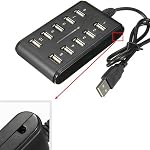 Xiaokeis 10-Port USB 2.0 Hub - Alimenté, Portable avec apparence de mode, adapté à l'usage domestique, Mini USB Port peut être Space Sauvage (Noir)