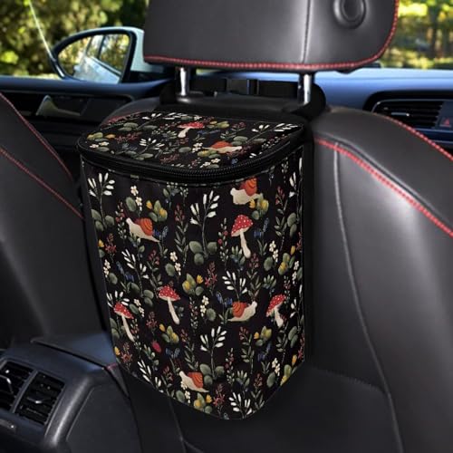 Image of Talayituse Mushroom Snail Flower Print Car Trash Can with Lid, Leak Proof Auto Trash Bag Hanging Vehicle Garbage Can Multipurpose Storage Container for Back Seat Road Trip
