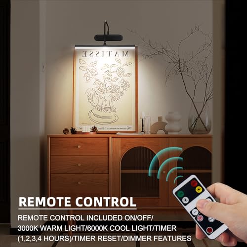 Image of RAIFOOLLY Picture Light,3AA Battery Art Lights for Paintings,Wireless Wall Lighting,Remote Control Accent Light with Timer and Dimmable for Frame,Portrait,Dartboard-Black