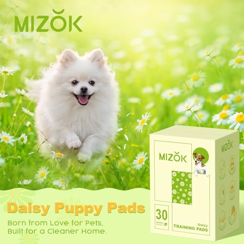 Image of MIZOK Puppy Pads 22 inchx22 inch, Dog Pee Pads 6-Layer Super Absorbent & Leak-Proof, Daisy Pattern, 4-Corner Adhesive Tabs, Wee Wee Pads for Puppies & Small Dog Breeds, Regular Size (30 Counts)