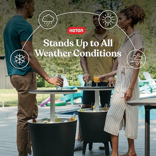 Keter Modern Cool Bar Outdoor Patio Furniture and Hot Tub Side Table with 7.5 Gallon Beer and Wine Cooler, Dark Grey