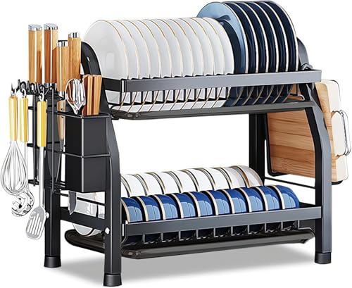 HUIYOPU 2-Tier Dish Drainer Rack, Stainless Steel Kitchen Dish Organizer with Drain Board Cutlery Holder for Kitchen Countertops