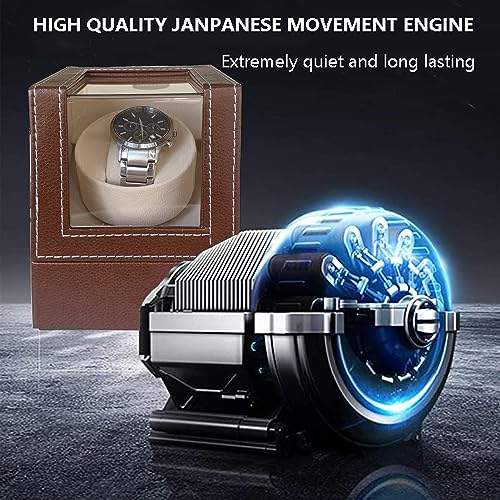 Image of Single Watch Winder for Automatic Watches, Super Quiet, in Wood Shell and Black Leather /Carbon Fiber Leather, Japanese Motor