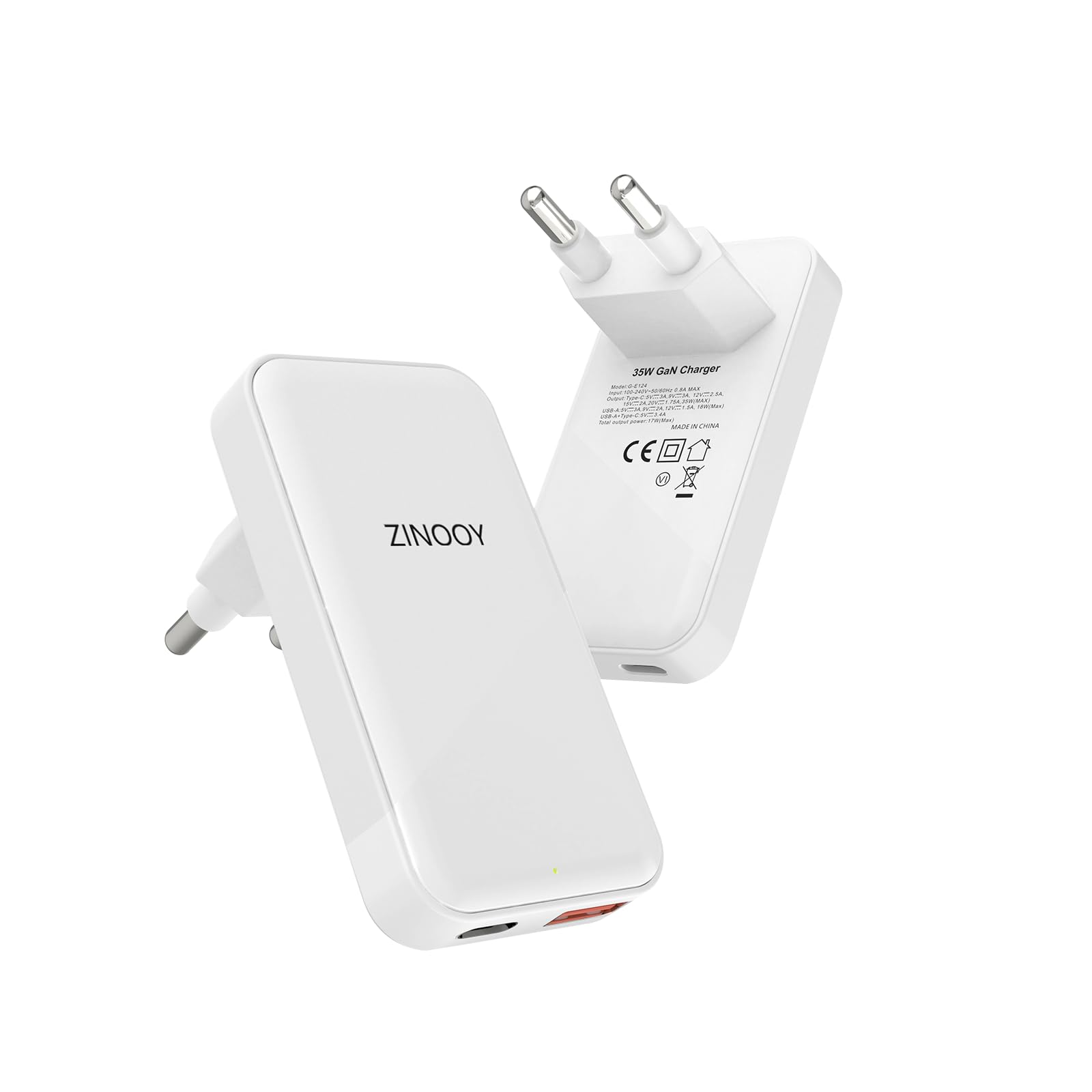 ZINOOY 35W Dual-Port Ladegerät, PD/QC 3.0 USB-C und USB-A Schnellladegerät for iPhone 16/15 Samsung iPad Huawei, Ultraflaches Netzteil für Unterwegs, Zuhause, Büro