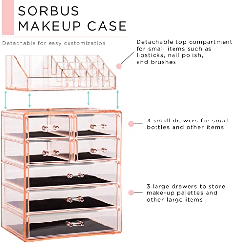 Image of Sorbus Acrylic Makeup Organizer Set, 7-Drawer Vanity & Countertop Cosmetic Storage with Small & Wide Compartments, Pink Makeup Storage for Brushes, Jewelry - Holiday Gift for Women & Teens