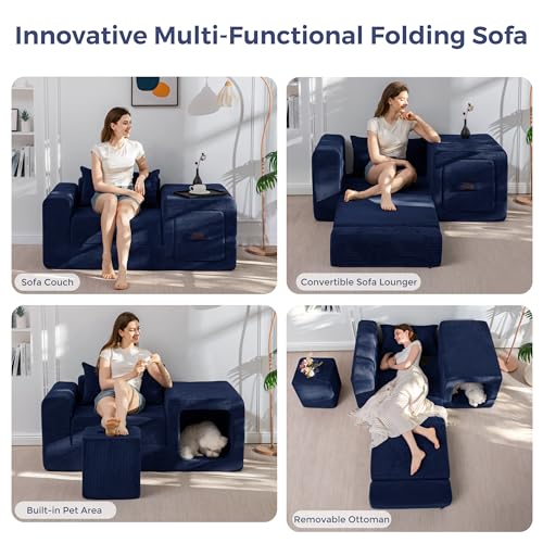 Image of MAXYOYO Folding Sofa Couch, Convertible Floor Sofa with Armrest, Multifunctional Sofa with Pillow and Pockets, Boneless Couch for Living Room, Navy