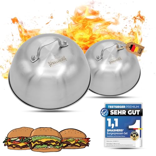 SMASHERS Juego de 2 campanas para hamburguesas de acero inoxidable para hamburguesas y barbacoas, accesorios para barbacoa de gas, plancha y plancha de gas, campana de barbacoa de acero inoxidable