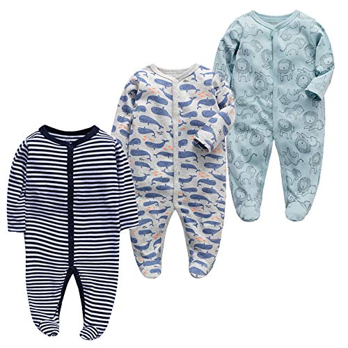 Monvecle Baby Boys 3pcs Pack Cotton Footie Bodysuit Footed Sleeper Pajama Romper Gift Set 3ps Stripe 12M