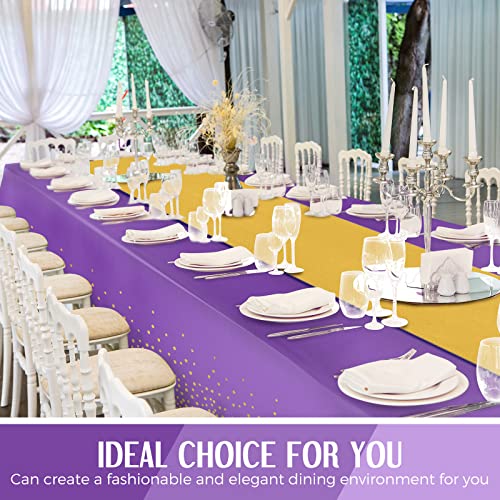 Image of Breling 24 Pack Purple and Gold Disposable Plastic Tablecloths and Satin Table Runner Set, 54 x 108 Inch Tablecloth, 12 x 108 Inch Table Runners for Wedding Graduation Birthday Baby Shower