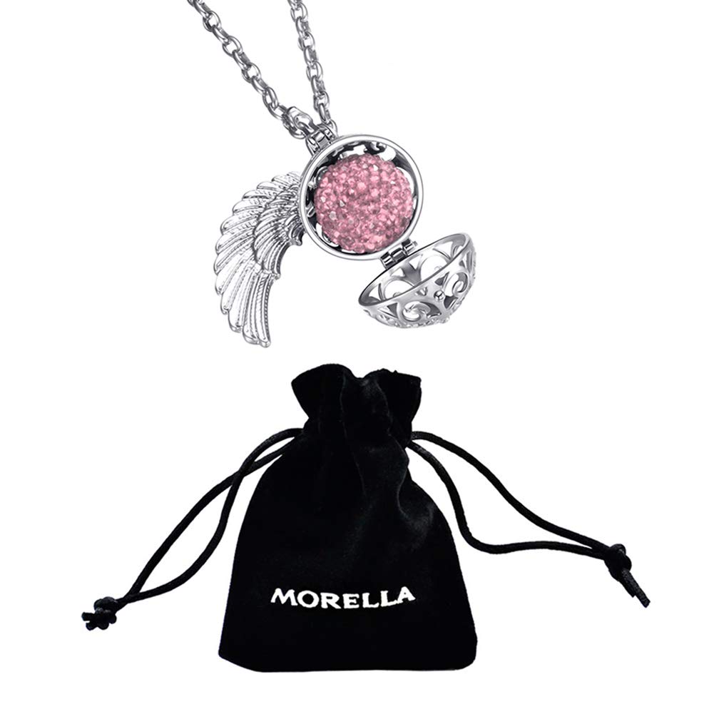 Morella Catenina Donna Angelo Custode in Acciaio Inox 70 cm con Ciondolo ad Ali di Angelo e Sfera Rosa Ø 16 mm in Sacchetto di Velluto
