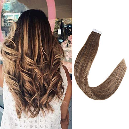 【Promotion】Full Shine 14 Inch 20Pcs 40g Tape Extensions Human Hair Remy Ombre Color #4 Brown Fading To Color #27 Honey Blonde And Color #4 Tape In Adhesive