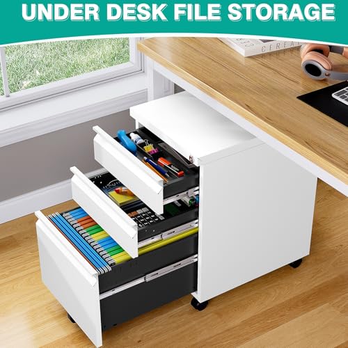 Image of Assembled 3 Drawer File Cabinet with Wheels,Under Desk File Cabinet with Lock,White Rolling Filing Cabinets, Metal Filing Cabinets for Home Office,Fit A4 /Letter /Legal,Pre-Assembled Except Caster