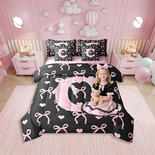 Erosebridal Initial Alphabet C 7 Piece Bedding Set Twin Size for Kids Girls Black Pink Letter Set with Sheets Aesthetic Coquette Bowknot Geometric Ribbon Knot Heart All Season Bed in A Bag