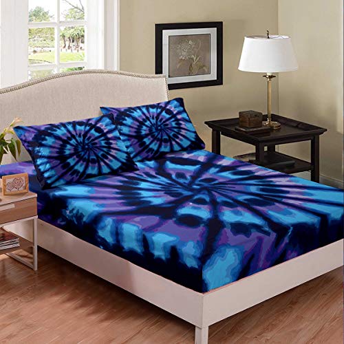 Erosebridal Tie Dye Fitted Sheet Blue Purple Spiral Room Decor Fitted Sheet Watercolor Bedding Set Swirl Shape Soft Bed Cover for Kids Boys Girls Teens 1 Fitted Sheet with 1 Pillow Case Twin Size