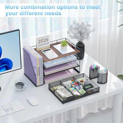 Image of gianotter Desk Organizers and Accessories with File Holder, 4-Tier Desk Accessories & Workspace Organizers with Drawer and 2 Pen Holder, Paper Organizer for Office Supplies (Wood)