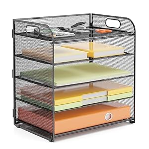 VIEERINN 5 Tier Paper Letter Tray Organizer with Handles, Mesh Desk File Organizer Metal Paper Sorter Holder, Desktop Document Shelf Tray Storage Organization for Office School Home