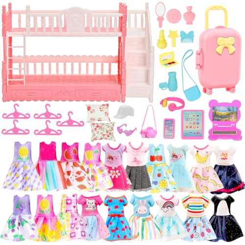 43 Pcs 5.3 Inch Clothes and Accessories with Mini Bed Travel Suitcase Set