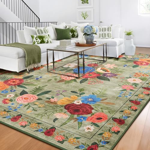 BYBSRLL Teppich Wohnzimmer 90x150cm, Vintage Blumenmuster, Waschbar & Rutschfester Boho Weich Kurzflor Teppiche Gegend für Schlafzimmer, Kinderzimmer, Gastzimmer, Esszimmer, Büro, Grün