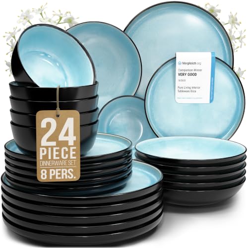 Image of 24 Piece Stoneware Dinnerware Set for 8, Handmade Plates and Bowls Set | Reactive Glaze Coating, Dishwasher & Microwave Safe Dish Set, Chip & Scratch Resistant Dishware Set, Ibiza Aquamarine