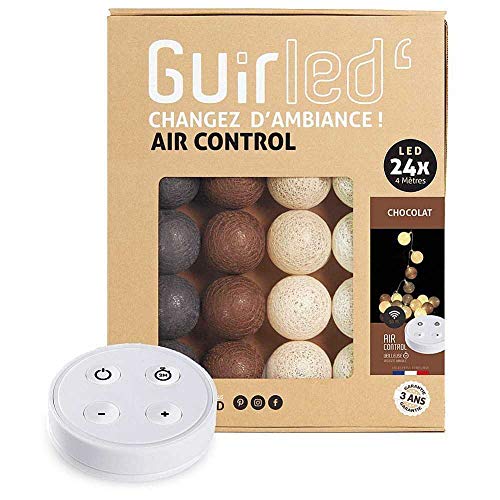 GuirLED - Guirnalda luminosa bolas de algodón LED USB - Mando a distancia inalámbrico – Luz nocturna bebé 2h – Adaptador de red doble USB 2A incluido – 4 intensidades – 24 bolas 2,4 m – Chocolate