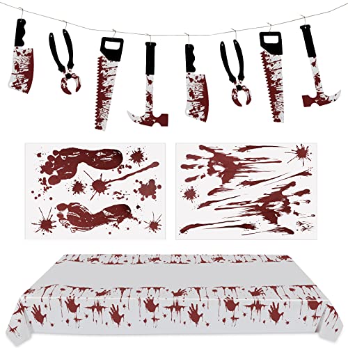 Kit de 4 Pcs Décoration d'halloween Set d'Autocollants de Fenêtre Halloween Nappe d'Empreintes de Mains Effrayante Bannières d'Armes Sanglantes Suspendues Décors de Fête Halloween Intérieur Cover