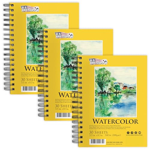 U.S. Art Supply 5.5" x 8.5" Premium Heavyweight Watercolor Paper Pad, Pack of 3 (30 Sheets Each), 140lb (300gsm) - Spiral Bound, Cold Pressed, Acid-Free, Wet, Water Color Paper - For Artists, Students