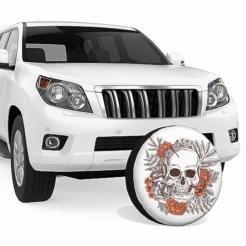 Image of Skull and Flowers Spare Tire Cover Dragonfly Tropical Plants Floral Peony Halloween Gothice Weatherproof Universal Wheel Protectors Camper Tire Covers for Trailer Rv Travel(17 inch)