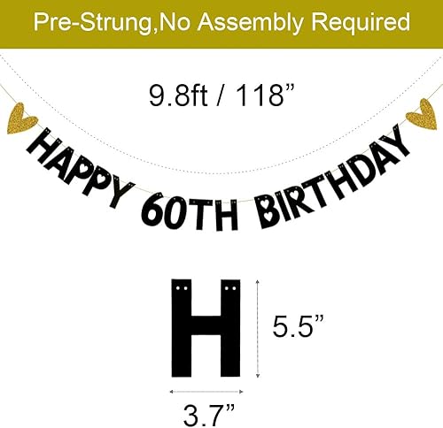 Miniatura 2 de Cartel de feliz cumpleaños 60, pre-encordado, papel negro con purpurina, decoraciones de fiesta para 60 años, suministros de fiesta de cumpleaños